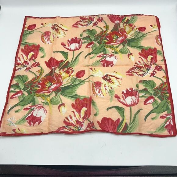 KENZO Peach, Red, Green and Yellow Tulip Pattern Cotton Handkerchief Scarf - Picture 2 of 6